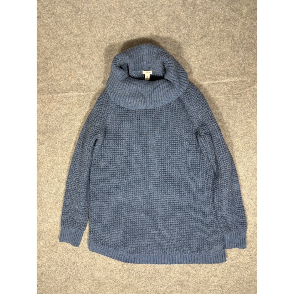 LL‎ Bean Womens XL Blue Waffle Knit Cowl Neck Sweater Cotton Merino Wool 505459